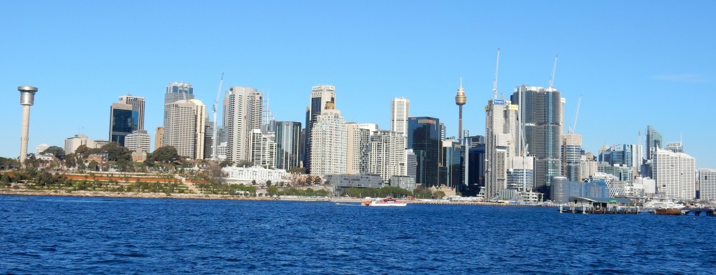 Barangaroo from the water with headland park on the left and construction still underway on towers to the south. The Packer tower will sit between. Photograph by Ian Hoskins 2015